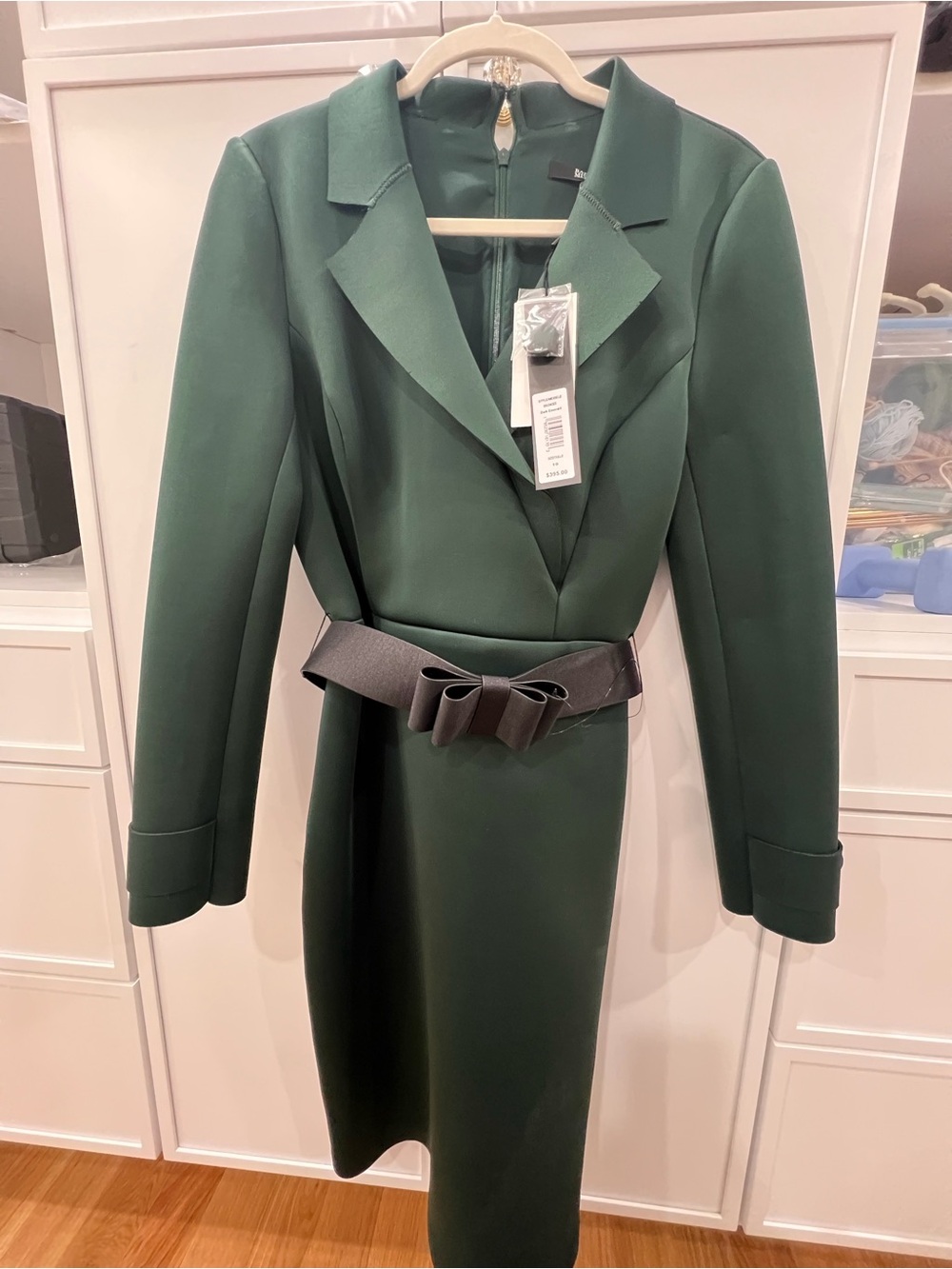 Badgley Mischka Forest Green Long Sleeve Dress with Black Bow Belt
